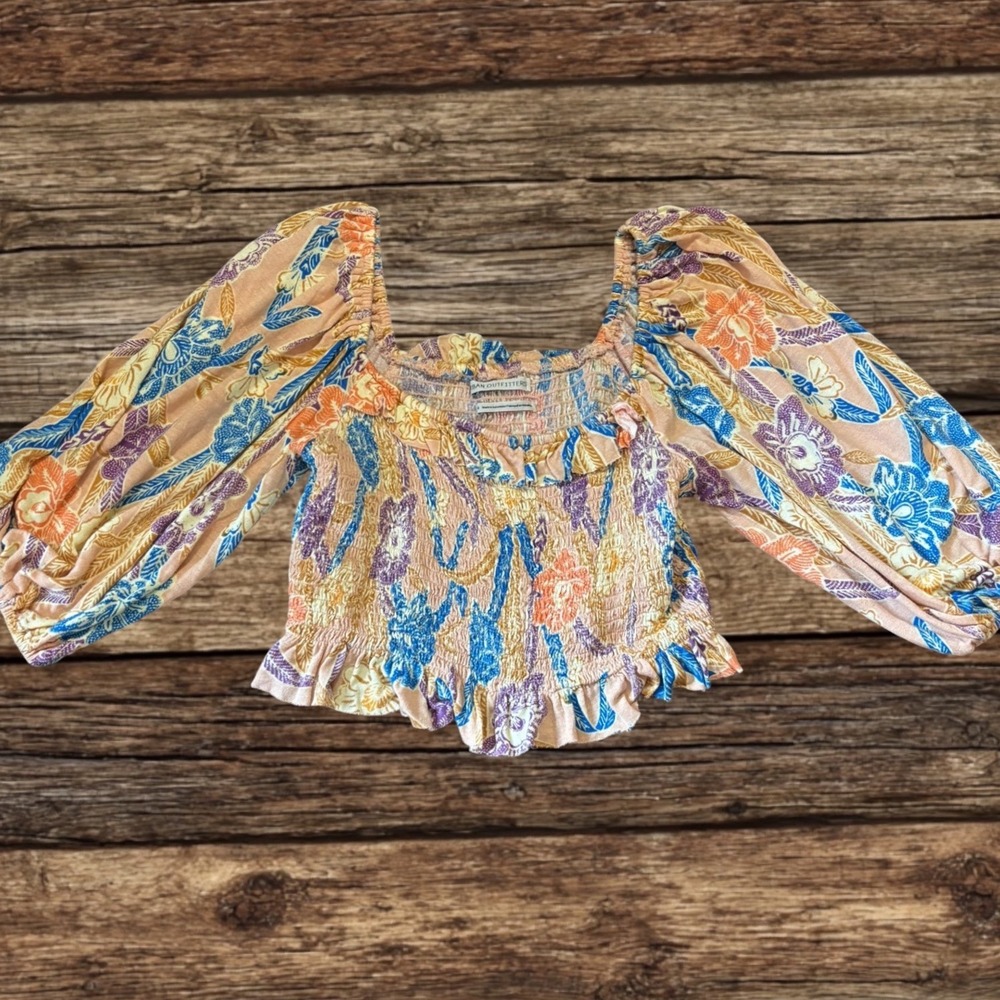 Urban Outfitters Floral Smocked Puff Sleeve Blouse Bohemian Cottagecore Festival - Picture 3 of 12